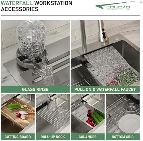 33 Inch Drop In Workstation Waterfall Kitchen Sink with Accessories - Image 4