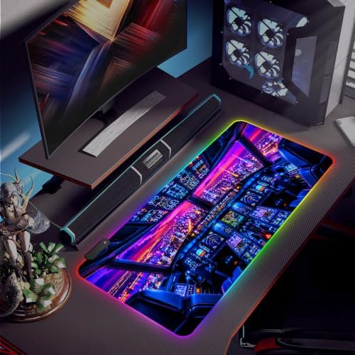 Aircraft Cockpit RGB Gaming Mouse Pad Large Extended Desk Mat 35.4 x 15.7 inch LED Glowing Mousepad Light Up Keyboard Pad Non-Slip Rubber Base - Image 7