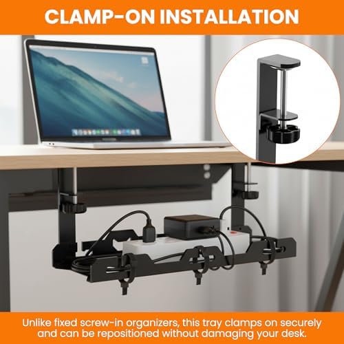 17'' Super Sturdy Cable Tray Under Desk Cord Organizer Standing Desk Cable Management System Large Power Strip Holder Cord Basket With Clamp for Wire Management Rack Office, Home, No Drill & Damage - Image 7