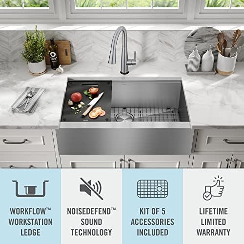 DELTA FAUCET Rivet 33-inch Workstation Farmhouse Apron Front Kitchen Sink Undermount 16 Gauge Stainless Steel Single Bowl with WorkFlow Ledge and Kit of 5 Accessories, 95C9031-33S-SS - Image 3