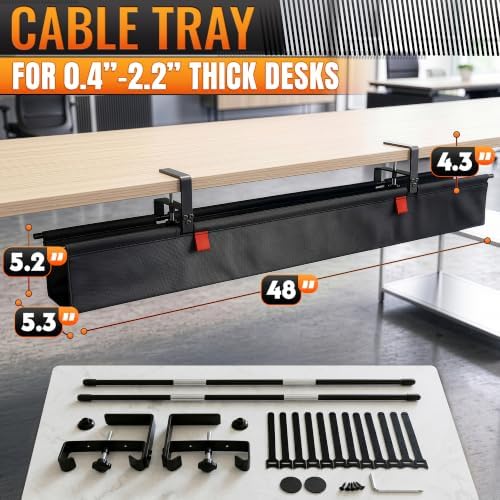 Under Desk Cable Management Tray 48" — No Drill Clamp-On Cord Organizer for Desk with Built-in Ties, Heavy Duty Metal Clamp, Foldable 600D Oxford Fabric for Home Office, WFH & Gaming PC Setup (Black) - Image 2