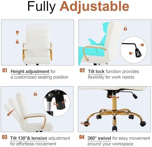 Office Desk Chair,Modern Leather Conference Room Chairs,High Back Home ofiice Chair,Adjustable Height Swivel Executive Computer Chair with Armrest and Padded Seat,White/Gold - Image 6