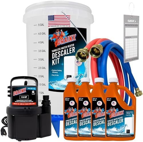 DrainX Tankless Water Heater Flush Kit Includes 4 Quarts of Eco Friendly and Powerful Liquid Descaling Solution for 4 Uses, 5 Gallon Bucket and 1/6HP Extra Strength Pump by DrainX