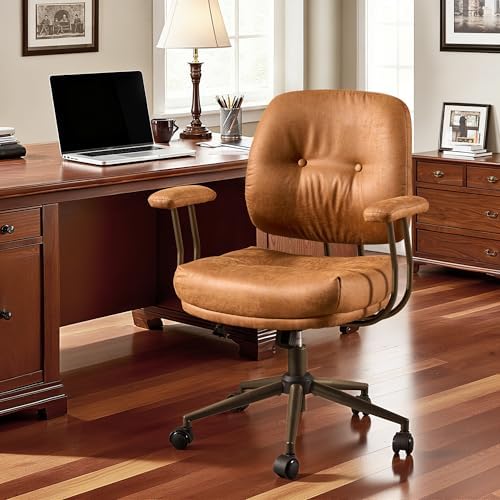 Leather Home Office Chair, Mid Back Ergonomic Desk Chair with Lumbar Support, Mid Century Modern Deep Seat Swivel Rocking Computer Chair, Brown by Eco-ChicLivingBeautifullyAffordable