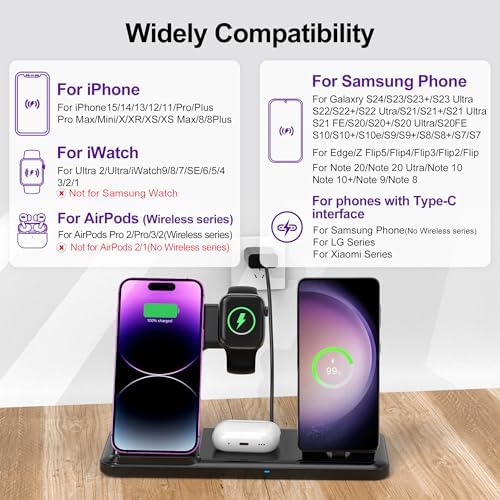 Wireless Charger for iPhone Charging Station, Foldable 4 in 1 Fast Charging for iPhone 16 15 14 13 12 Pro Max Plus, Charger Stand for Apple Watch & Airpods 4 3 2 Pro,for Samsung Series Black - Image 3