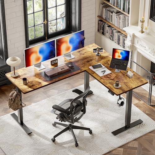 TIQLAB 63 x 55 inch L Shaped Standing Desk Adjustable Height, Electric Corner Standing Desk, Sit Stand Computer Table with Splice Board, Rustic Brown - Image 2