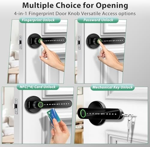 Fingerprint Door Lock Biometric Door Knob with Keypad Keyless Entry, Door Locks for Bedrooms, Home Hotel Office Apartment Black - Image 2