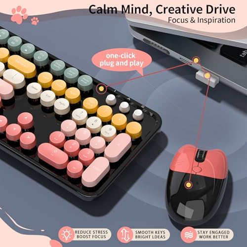 Wireless Keyboard and Mouse, MOFII 104 Round Keycaps Retro Typewriter with OTG & Brush, Full-Size Ergonomic, Ideal for Windows PC, Home, Office and College Rainbow Red - Image 4