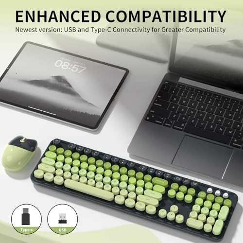 Wireless Keyboard and Mouse, MOFII 104 Round Keycaps Retro Typewriter with OTG & Brush, Full-Size Ergonomic, Ideal for Windows PC, Home, Office and College Gray Green - Image 7