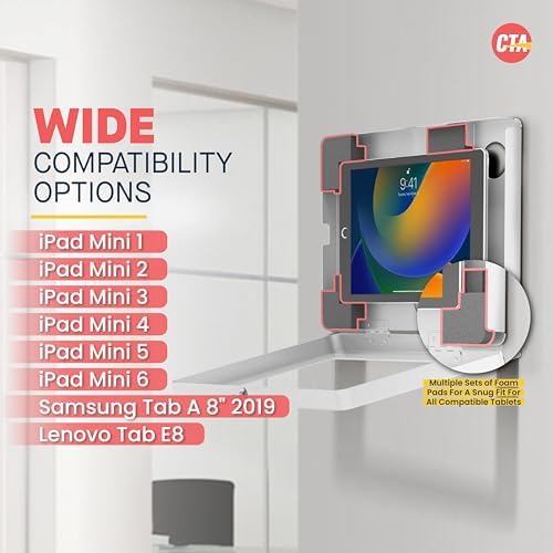Locking iPad Wall Mount - CTA Anti-Theft Small Locking Tablet Enclosure w/ Key Lock & Interior Cable Routing for iPad Mini 1, 2, 3, 4, 5, 6, Samsung Tab A 8″, Lenovo Tab E8 - White- (PAD-PSWW) - Image 4