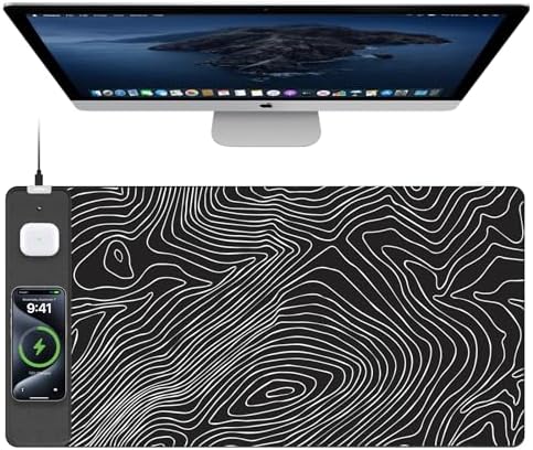 Mouse Pad with Wireless Charging, Large Desk Mat, Black Topographic Map #1 by TopmadeProduct-Ordernow