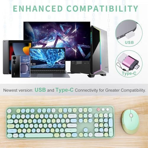 Wireless Keyboard and Mouse Combo, Ergonomic Full Size Typewriter Retro Round Keycaps Keyboard, Compatible with Windows, PC, Perfer for Home and Office Keyboards (Green - Image 2