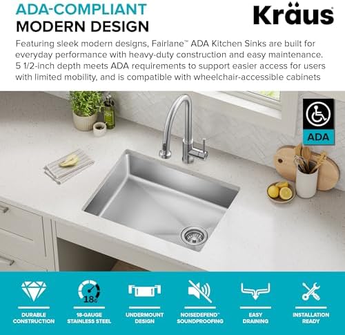 KRAUS Fairlane 25-inch ADA Compliant Undermount Single Bowl 18-Gauge Stainless Steel Kitchen Sink, KHU640-25-5.5 - Image 2
