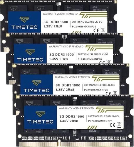 Timetec 32GB KIT(4x8GB) DDR3L / DDR3 1600MHz (DDR3L-1600) PC3L-12800 / PC3-12800 Non-ECC Unbuffered 1.35V/1.5V CL11 2Rx8 204 Pin SODIMM Laptop Notebook PC Computer Memory RAM Module Upgrade Black PCB by Timetec