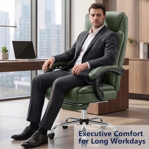 Ergonomic Executive Office Chair PU Leather High Back, 400lbs Heavy Duty Reclining Desk Chair with Footrest, Adjustable Lumbar Support, Padded Armrests, Wide Seat, Green - Image 3