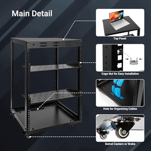 15U Open Frame Server Rack, Wall-mountable IT Rack w/Swivel Casters, 2 Rack Shelves, Top & Bottom Panels, Network Rack for Stereo/Computer/Data/IT/AV Equipment, 19.7”L x 18.8”W x 32.3”H - Image 6