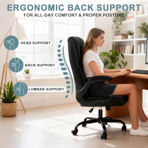 Executive Office Chair,High Back Ergonomic Comfy Desk Chair with Padded Flip-up Armrests and Wheels,PU Leather Heavy Duty Computer Swivel Rolling Task Chair for Home Office,Adults,Black - Image 6