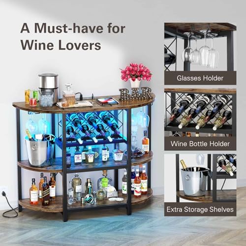 Zarler Bar Cart with Power Outlet Easy to Assemble, LED Home Bar Cabinet for Liquor, 47.3" L x 15.8" D x 36" H Metal Mini Bar Table with 4-Tier Storage, Brown - Image 6