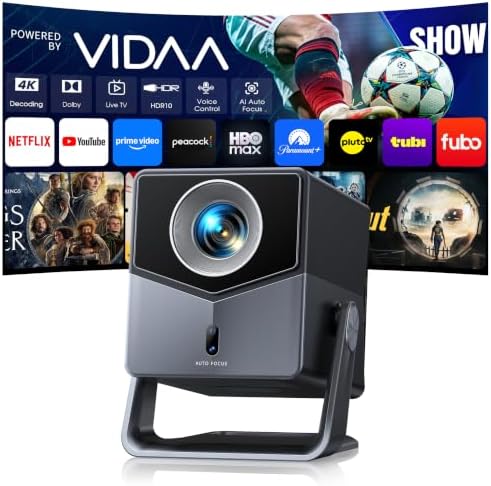 Smart Projector 4K [VIDAA Live TV & 36W Dolby & Voice Control] with WiFi6 and Bluetooth, Short Throw Projector Compatible with Netflix, AI Auto Focus, HDR10, Home Theater Proyector for Outdoor Movies by TOPTRO