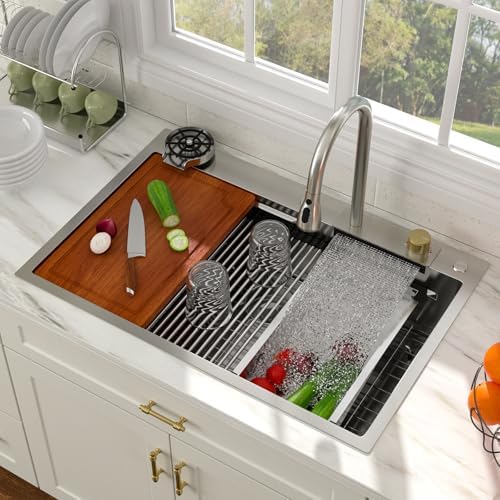 33x22 Drop In Workstation Waterfall Kitchen Sink with Accessories by Couoko