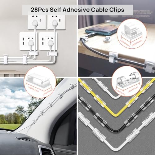193 PCS Cable Management Kit - 4 Cable Sleeve, 57 Self Adhesive Cable Clips, 12 Hanging Strips, 12 Cable Organizer Straps and 100 Fastening Cable Ties for TV Computer Under Desk (White) - Image 4