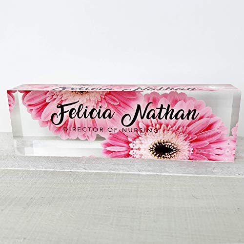 Artblox Office Desk Name Plate Personalized | Custom Name Plates for Desks | Pink Daises Design On Clear Acrylic Glass | Office Desk Decor - (8" x 2.5") by Artblox