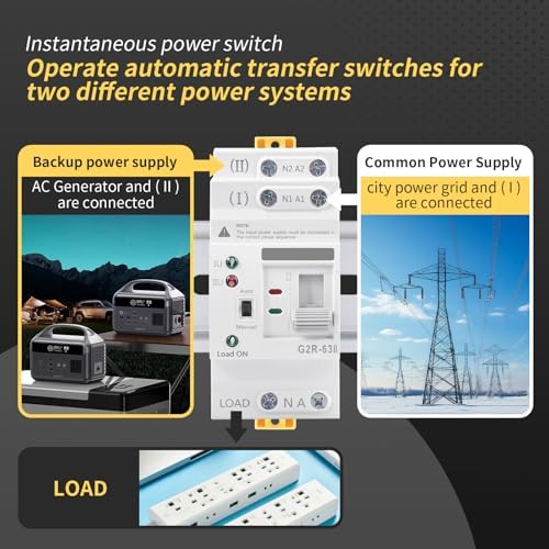 Mini ATS AC Automatic/Manual Transfer Switch 2P 63A 220V, ATS Manual Transfer Switch for Uninterruptible Power Supply Home,Dual Power Electrical Selector Switch DIN Rail Mount (G2R 2P 63A AC220V) - Image 2