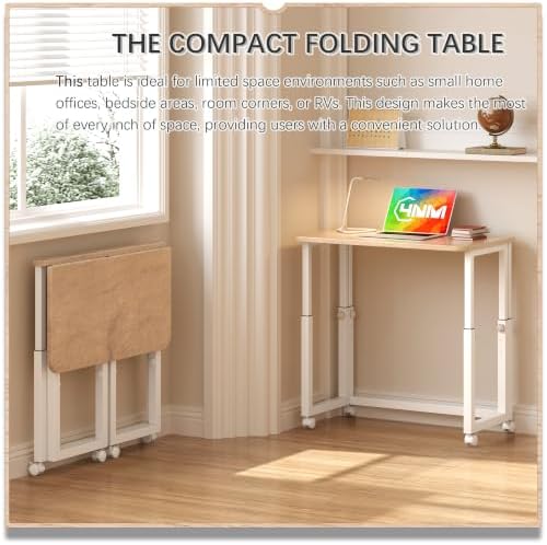 4NM No Tool Assembly 27.5" Small Desk, Folding Portable Desk with Wheels, Foldable Computer Home Office Desks, Collapsible Study Writing Table for Space Saving Bedroom - Cloud Oak - Image 3