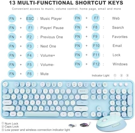 Wireless Keyboard and Mouse Combo, Ergonomic Full Size Typewriter Retro Round Keycaps Keyboard, Compatible with Windows, PC, Perfer for Home and Office Keyboards (Blue - Image 4