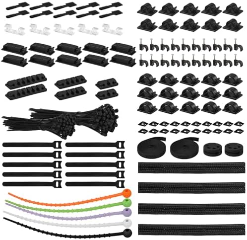 319pcs Cable Management Organizer Kit, Desk Cord Organizer, 98 Adhesive Cable Clips Holder, 17 Reusable Cable Strap, 4 Cable Sleeve Split, and 200 Nylon Cable Zip Ties (Black) by Limcfc
