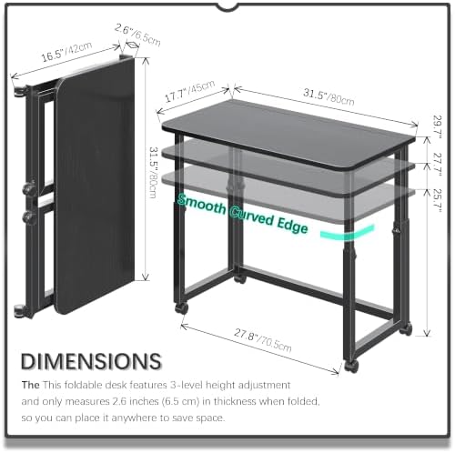 4NM No Tool Assembly 31.5" Small Desk, Folding Portable Desk with Wheels, Foldable Computer Home Office Desks, Collapsible Study Writing Table for Space Saving Bedroom - All Black - Image 2