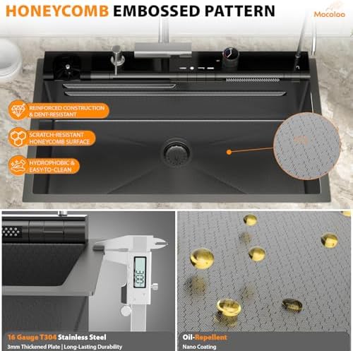 Mocoloo 30 Inch Black Honeycomb Waterfall Kitchen Sink Drop in, 30x19 Inch Stainless Steel Workstation Sink 16 Gauge Topmount Single Bowl LED Display Sink with Complete Kit - Image 4