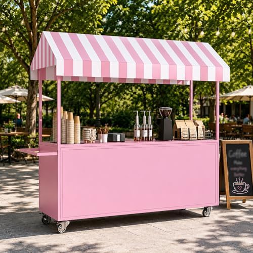 Portable Vendor Cart with Lockable Canopy and Wheels, Large Mobile Food Display Stand for Outdoor Markets & Events, Sturdy Metal Snack Kiosk with 360° Swivel Casters (Pink, 55x23.6x78.7in) by Unknown