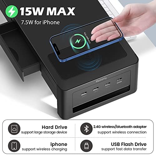 meatanty 3 In 1 Monitor Stand Riser with 2 Drawers,1 Wireless Charging Module and 4 USB Ports,Metal Computer Stand Support Transfer Data & Charging,Desk Organizer for PC,iMac (21 inches) - Image 2