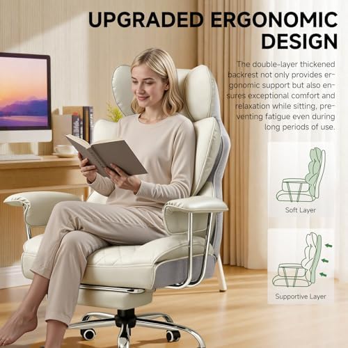 COMHOMA Big and Tall Office Chair, High Back Leather Gaming Chair with Footrest, Executive Ergonomic Office Chairs with Pocket Spring Lumbar Support and with Outward Fixed Soft Armrests - Image 5