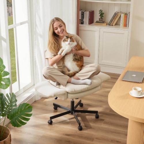 Bestier Criss Cross Office Chair with Flip-Up Arms, Beige Velvet Desk Chair - Image 2