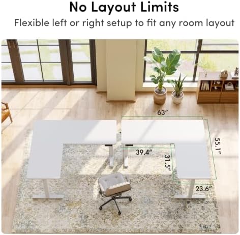 FEZIBO 63" x 55" L-Shaped Standing Desk - Adjustable Corner Desk L Shape, L-Shaped Adjustable Desk with Splice Board, L Shape Standing Desk, White - Image 3