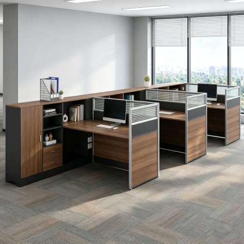 Modular Office Cubicle Workstation Desk with Privacy Panels and Cable Management,Long Computer Desk for Commercial Workspace, Sound Dampening Partition Wall (Oak+Grey, 59IN) - Image 7