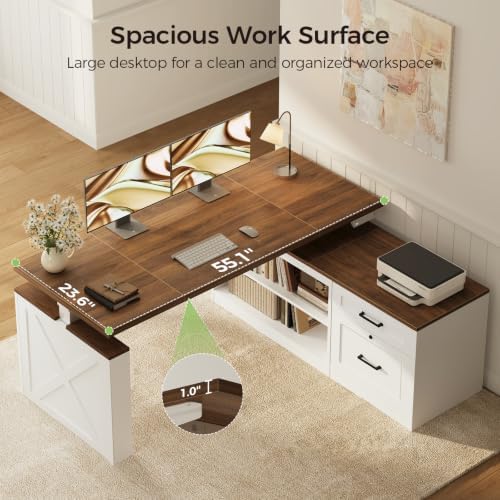 OffiGo 55 Inch Farmhouse L Shaped Electric Standing Desk, Walnut+White - Image 4
