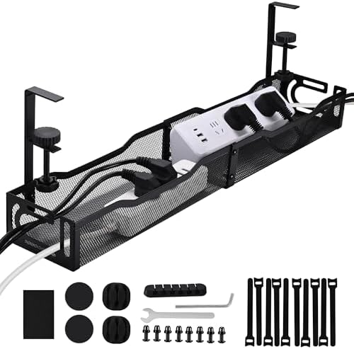 Under Desk Cable Management Tray 25.3 Inch, Clamp-On Cable Organizer Box for Standing Desks, No Drill Cord Management Under Desk, Large Desk Wire Organizer for Office & Home, Black by QUELIEN