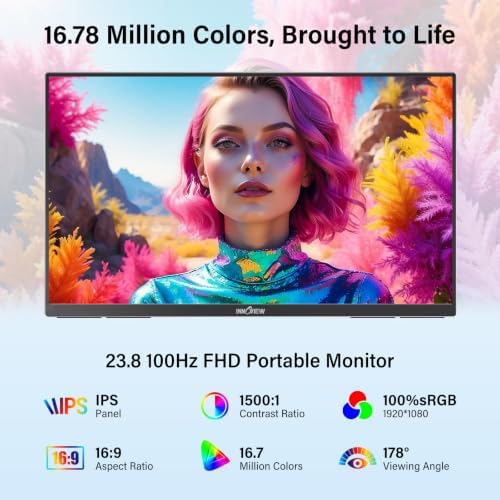 InnoView Large Portable Monitor 23.8inch FHD 1080P 100Hz USB-C,HDMI,DP Computer Display 100% sRGB 1500:1 Contrast Ratio IPS W/180°Adjustable DC Eyes Care Stand for Laptop PC MAC Phone PS4 Xbox Switch - Image 2