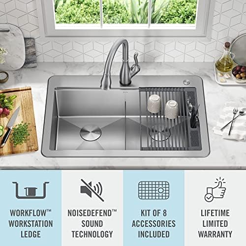 DELTA FAUCET 95A9032-T33D-SS Lorelai Workstation Kitchen Sink Drop-In Top Mount 16 Gauge Stainless Steel Double Bowl with WorkFlow Ledge and Chef’s Kit of 8 Accessories, 33 Inch - Image 2