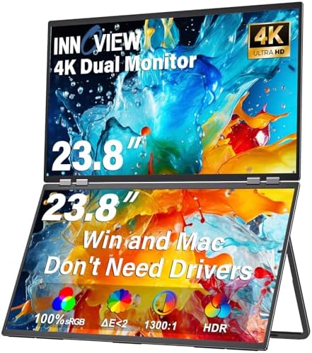 InnoView Dual Portable Monitor 23.8" 3840x2160P 4K 100% sRGB 315°Adjustable Dual Stacked Foldable Monitor Built-in Speakers Screen Extender with HDMI/USB-C/DP for Laptop Windows Mac by InnoView