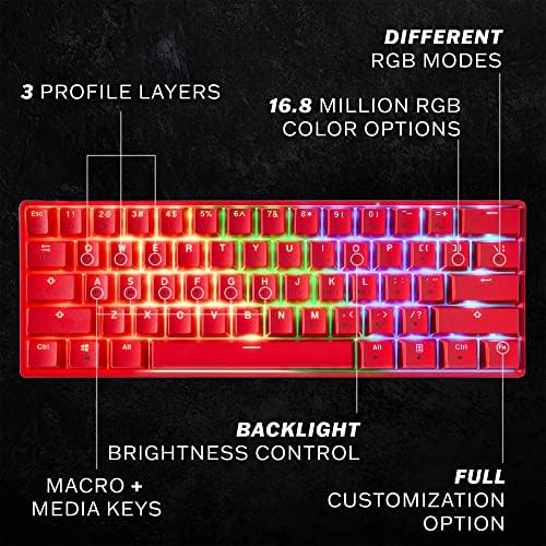 HK Gaming GK61 Mechanical Gaming Keyboard 60 Percent | 61 RGB Rainbow LED Backlit Programmable Keys | USB Wired | for Mac and Windows PC | Hotswap Gateron Optical Red Switches | Red - Image 2