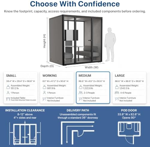 Uncaged Ergonomics Medium Office Pod, 2-Person Acoustic Office Phone Booth with Ventilation, LED Lighting and Power, Black - Image 2
