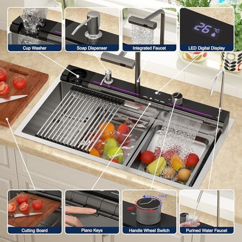 Lordear Drop In Kitchen Sink, 33 inch Waterfall Sink 16 Gauge Stainless Steel, Above Counter Smart Kitchen Sinks, Single Bowl with Integrated Faucet for High-Efficiency Cleaning - Image 5