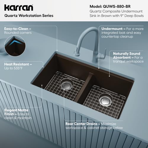 Karran 32.5" Brown Quartz Composite Undermount Double Bowl Workstation Kitchen Sink, 50/50 Chef Prep Station with Cutting Board, Roll-Up Mat, Colander, Bottom Grids and Accessories – QUWS-880 - Image 3