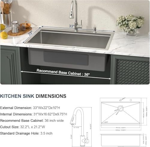 Lordear 33x22 Inch Drop In Kitchen Sink With Faucet 33 Inch Kitchen Sink with Faucet Combo Workstation 16 Gauge Stainless Steel Single Bowl Topmount Basin - Image 7