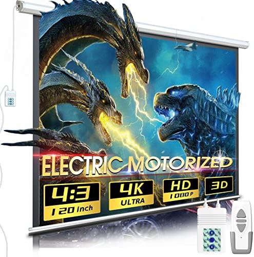Aoxun Motorized Projector Screen Pull Down with Remote Control 120 inch Electric 4:3 Projection Screen,Video Projection Screens-White by Aoxun