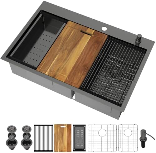 33 x 22 Black Kitchen Sink Drop In Stainless Double Bowl Workstation by Kichae